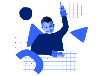 Modrá ilustrace osoby se zdviženou rukou obklopené geometrickými tvary.